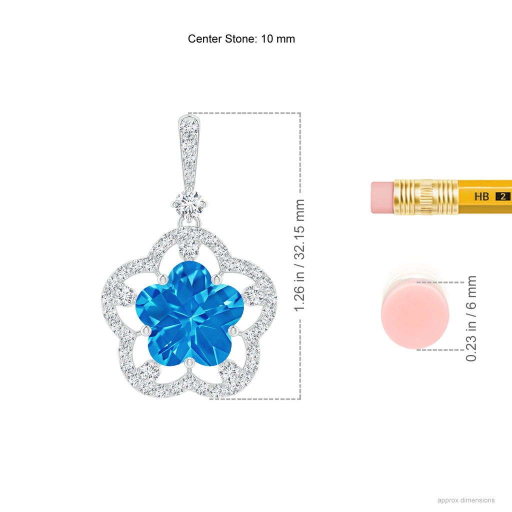 10mm AAAA Five-Petal Flower Swiss Blue Topaz and Diamond Halo Pendant in White Gold Ruler