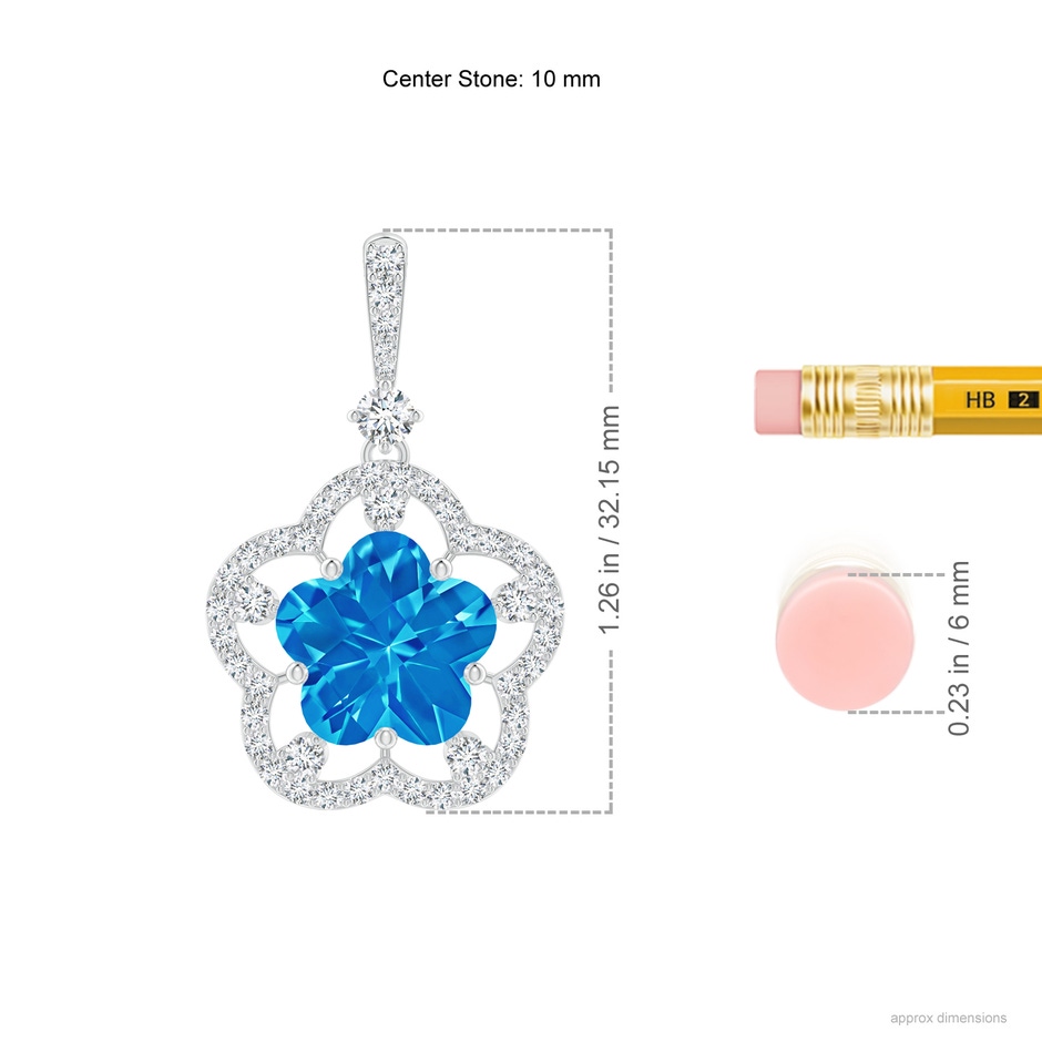 10mm AAAA Five-Petal Flower Swiss Blue Topaz and Diamond Halo Pendant in White Gold ruler