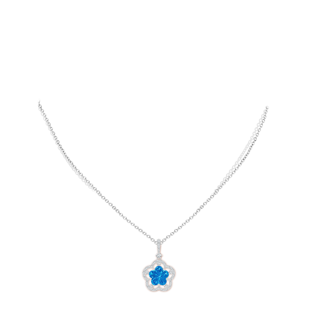 10mm AAAA Five-Petal Flower Swiss Blue Topaz and Diamond Halo Pendant in White Gold Body-Neck