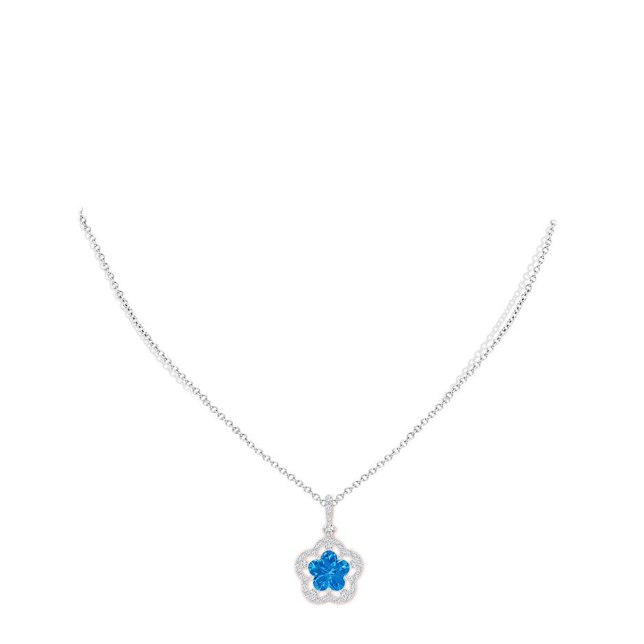 10mm AAAA Five-Petal Flower Swiss Blue Topaz and Diamond Halo Pendant in White Gold body-neck