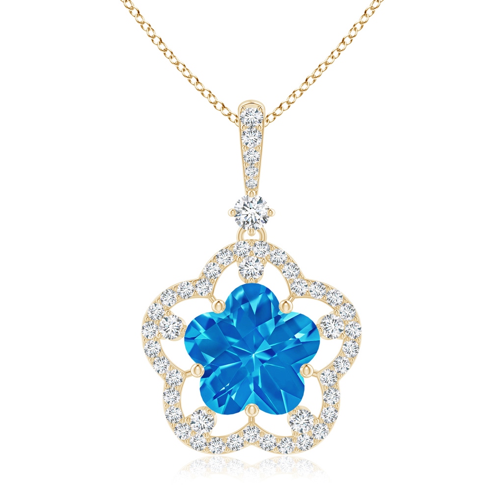 10mm AAAA Five-Petal Flower Swiss Blue Topaz and Diamond Halo Pendant in Yellow Gold