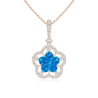 8mm AAAA Five-Petal Flower Swiss Blue Topaz and Diamond Halo Pendant in Rose Gold