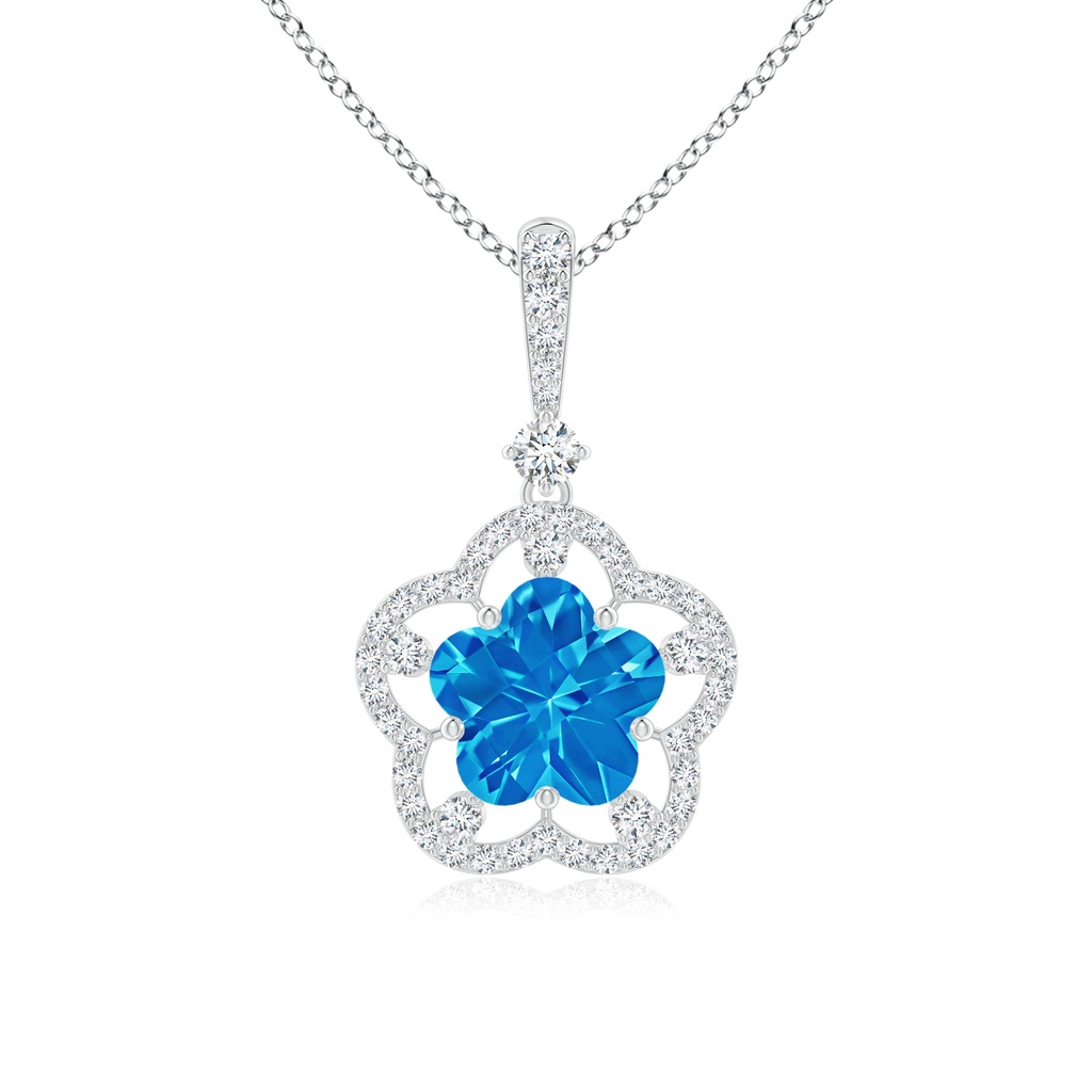 8mm AAAA Five-Petal Flower Swiss Blue Topaz and Diamond Halo Pendant in White Gold