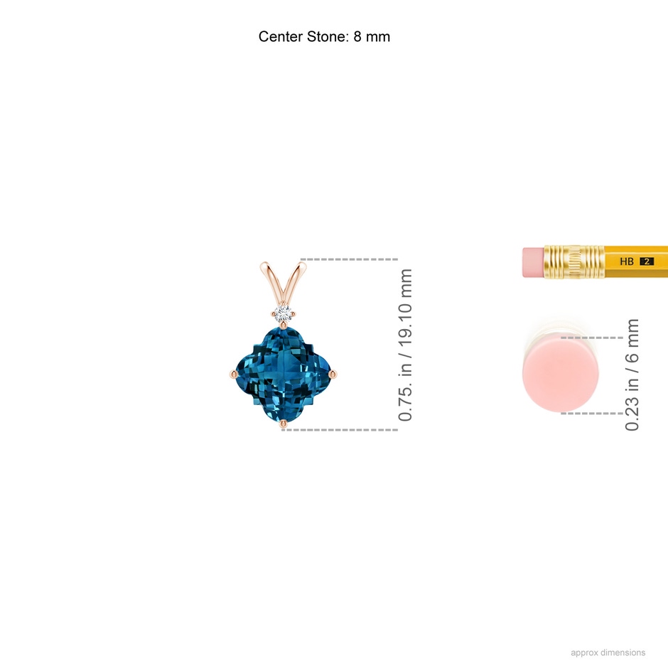 8mm AAAA Solitaire Clover-Shaped London Blue Topaz V-Bale Pendant in Rose Gold ruler