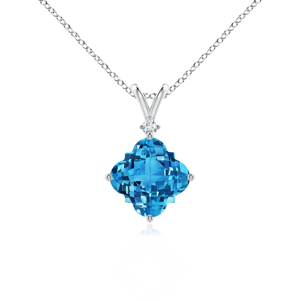 7mm AAAA Solitaire Clover-Shaped Swiss Blue Topaz V-Bale Pendant in White Gold