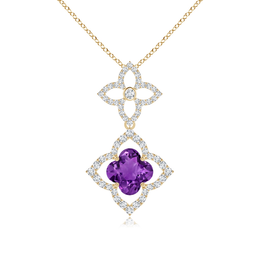 7mm AAAA Clover-Shaped Amethyst Floral Halo Dangle Pendant in Yellow Gold