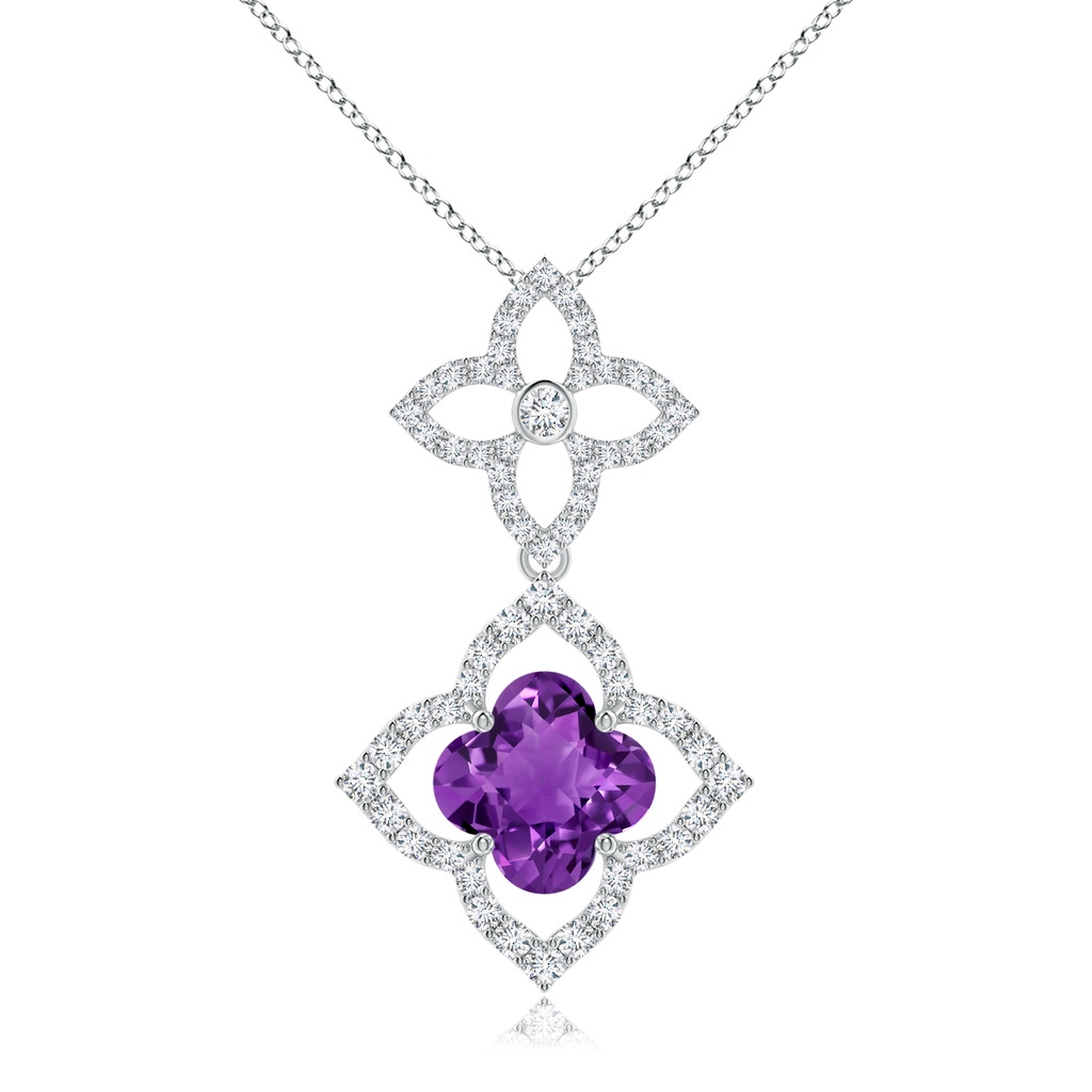 8mm AAAA Clover-Shaped Amethyst Floral Halo Dangle Pendant in White Gold