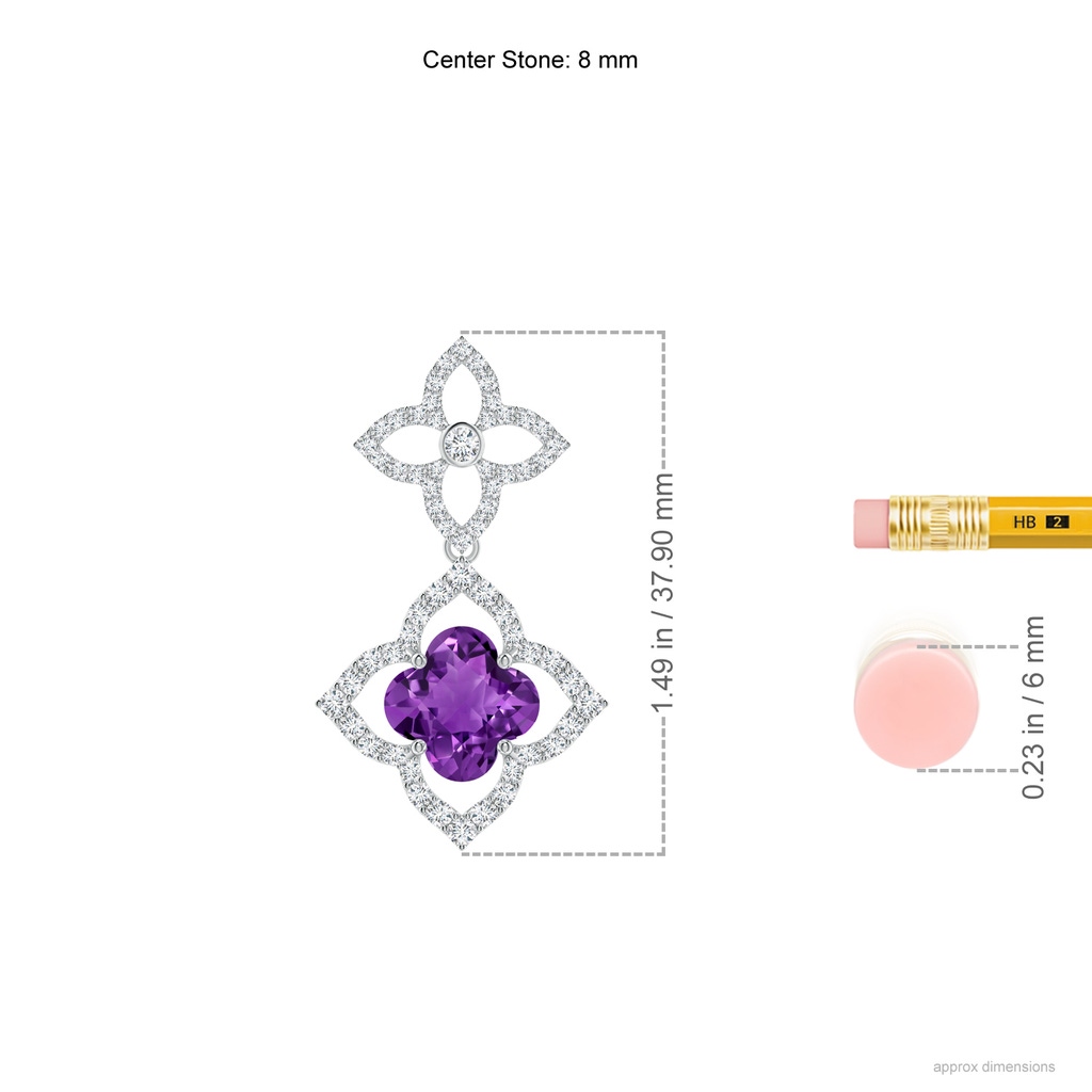 8mm AAAA Clover-Shaped Amethyst Floral Halo Dangle Pendant in White Gold Ruler
