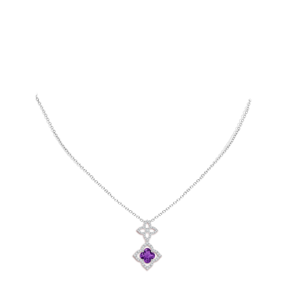 8mm AAAA Clover-Shaped Amethyst Floral Halo Dangle Pendant in White Gold body-neck