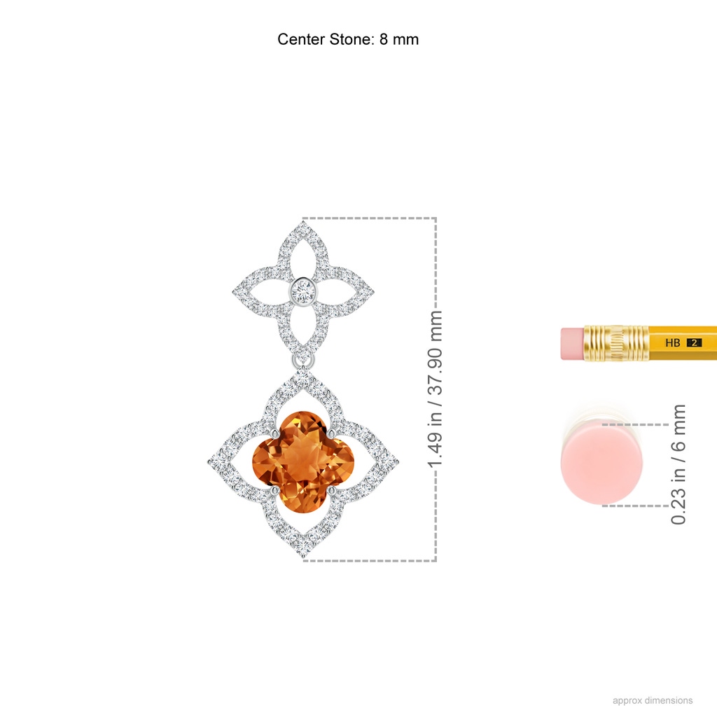 8mm AAAA Clover-Shaped Citrine Floral Halo Dangle Pendant in White Gold Ruler