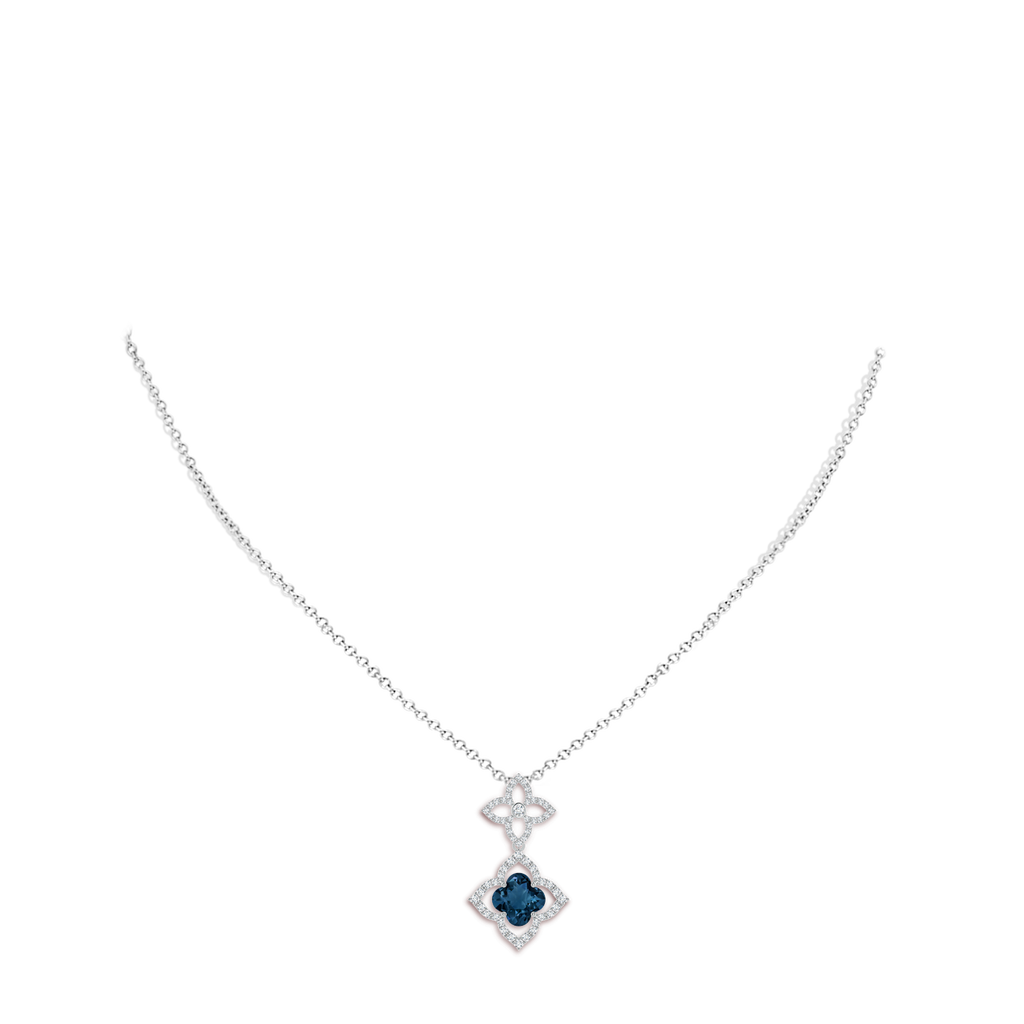 8mm AAAA Clover-Shaped London Blue Topaz Floral Halo Dangle Pendant in White Gold Body-Neck