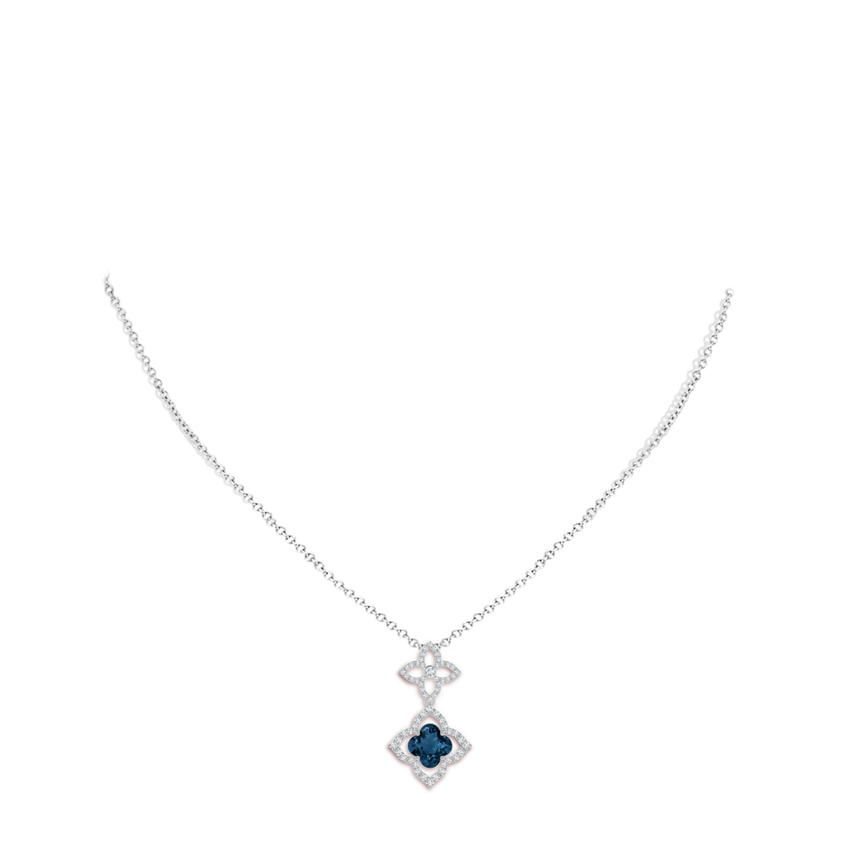 8mm AAAA Clover-Shaped London Blue Topaz Floral Halo Dangle Pendant in White Gold body-neck