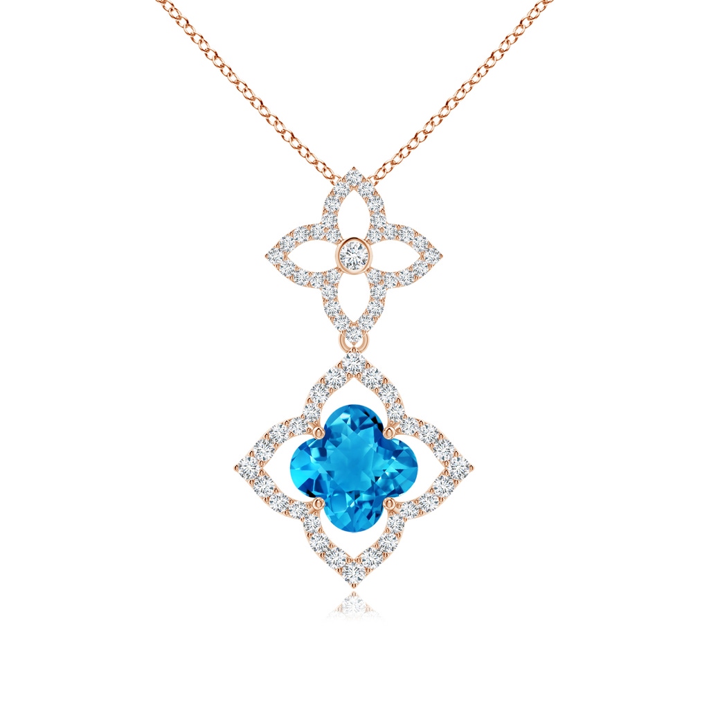 7mm AAAA Clover-Shaped Swiss Blue Topaz Floral Halo Dangle Pendant in Rose Gold