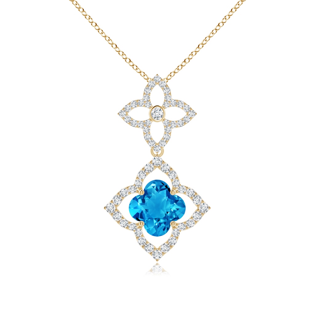 7mm AAAA Clover-Shaped Swiss Blue Topaz Floral Halo Dangle Pendant in Yellow Gold
