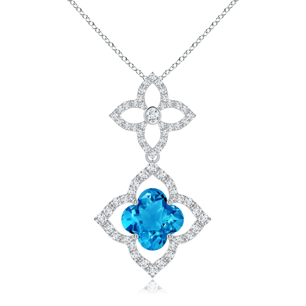 8mm AAAA Clover-Shaped Swiss Blue Topaz Floral Halo Dangle Pendant in White Gold
