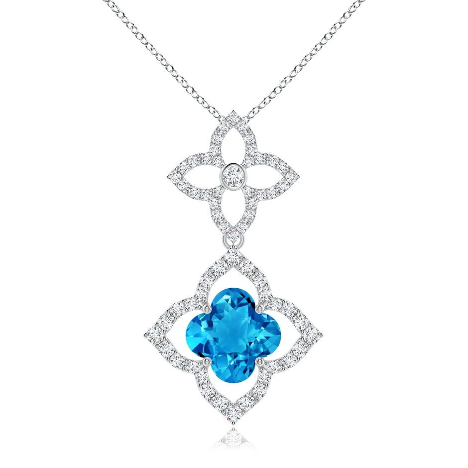 8mm AAAA Clover-Shaped Swiss Blue Topaz Floral Halo Dangle Pendant in White Gold 