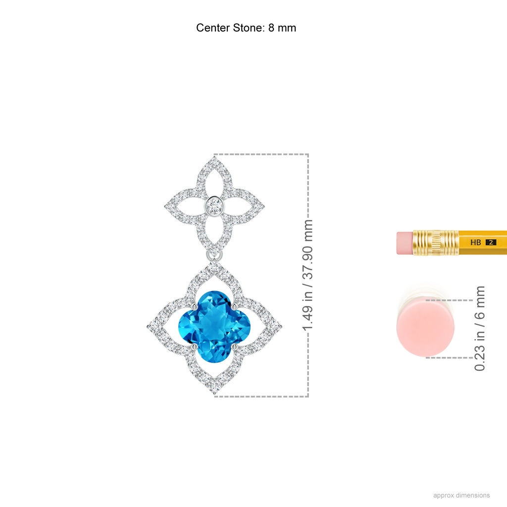 8mm AAAA Clover-Shaped Swiss Blue Topaz Floral Halo Dangle Pendant in White Gold Ruler