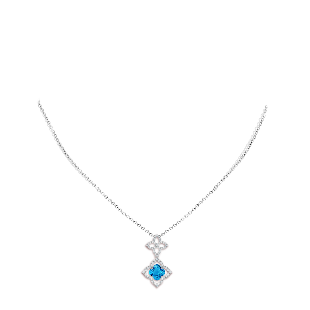 8mm AAAA Clover-Shaped Swiss Blue Topaz Floral Halo Dangle Pendant in White Gold Body-Neck