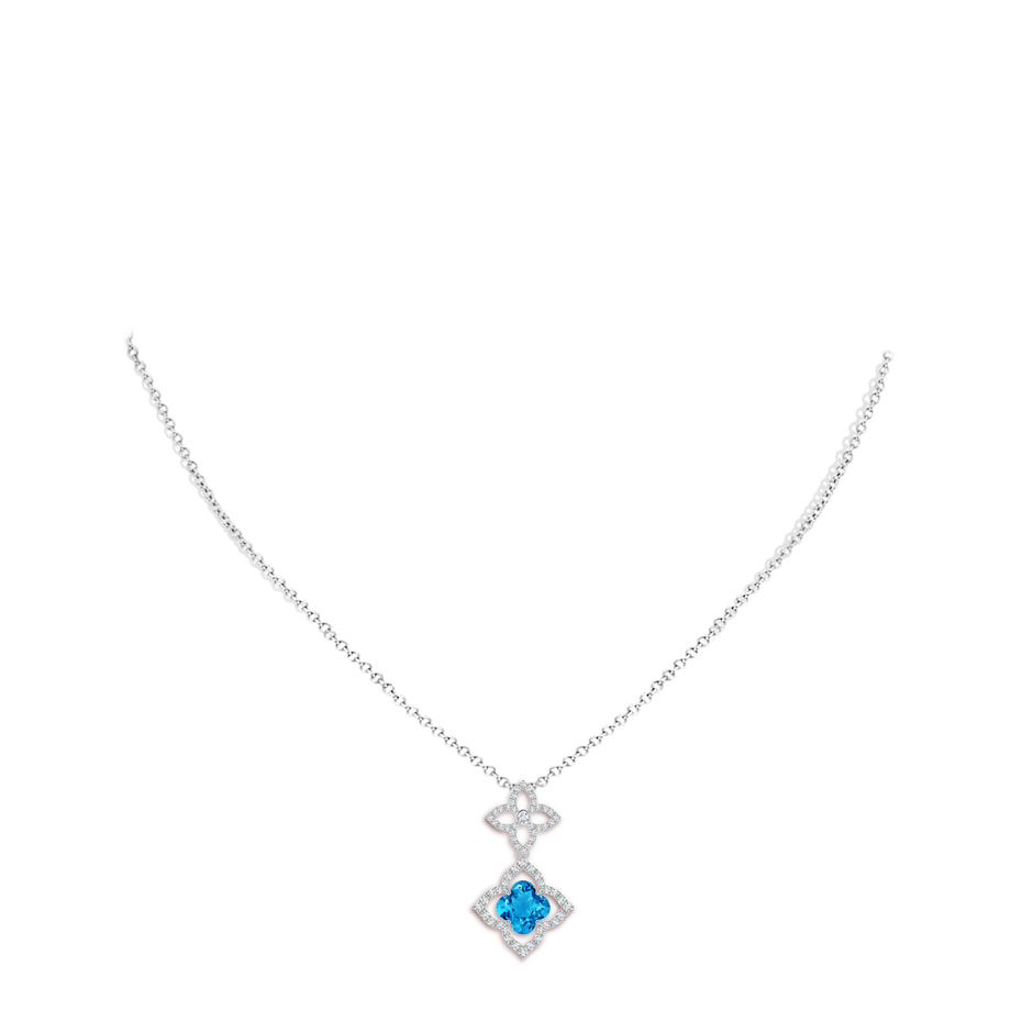 8mm AAAA Clover-Shaped Swiss Blue Topaz Floral Halo Dangle Pendant in White Gold body-neck