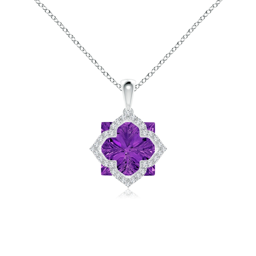 10mm AAAA Square Amethyst and Diamond Clover Backset Pendant in White Gold