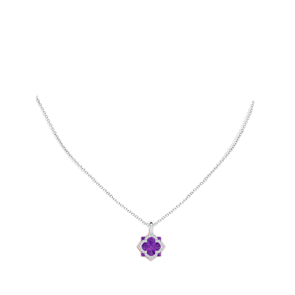 10mm AAAA Square Amethyst and Diamond Clover Backset Pendant in White Gold body-neck