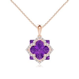 12mm AAAA Square Amethyst and Diamond Clover Backset Pendant in Rose Gold