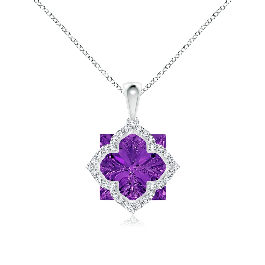 12mm AAAA Square Amethyst and Diamond Clover Backset Pendant in White Gold