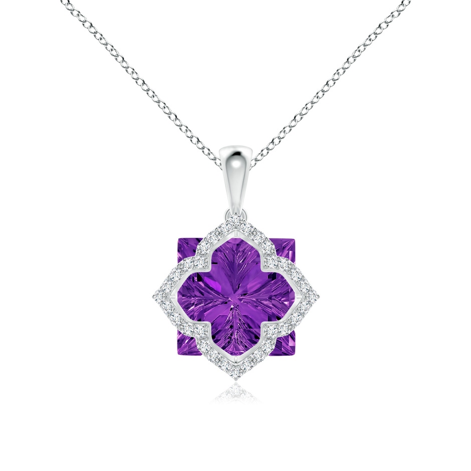 12mm AAAA Square Amethyst and Diamond Clover Backset Pendant in White Gold 