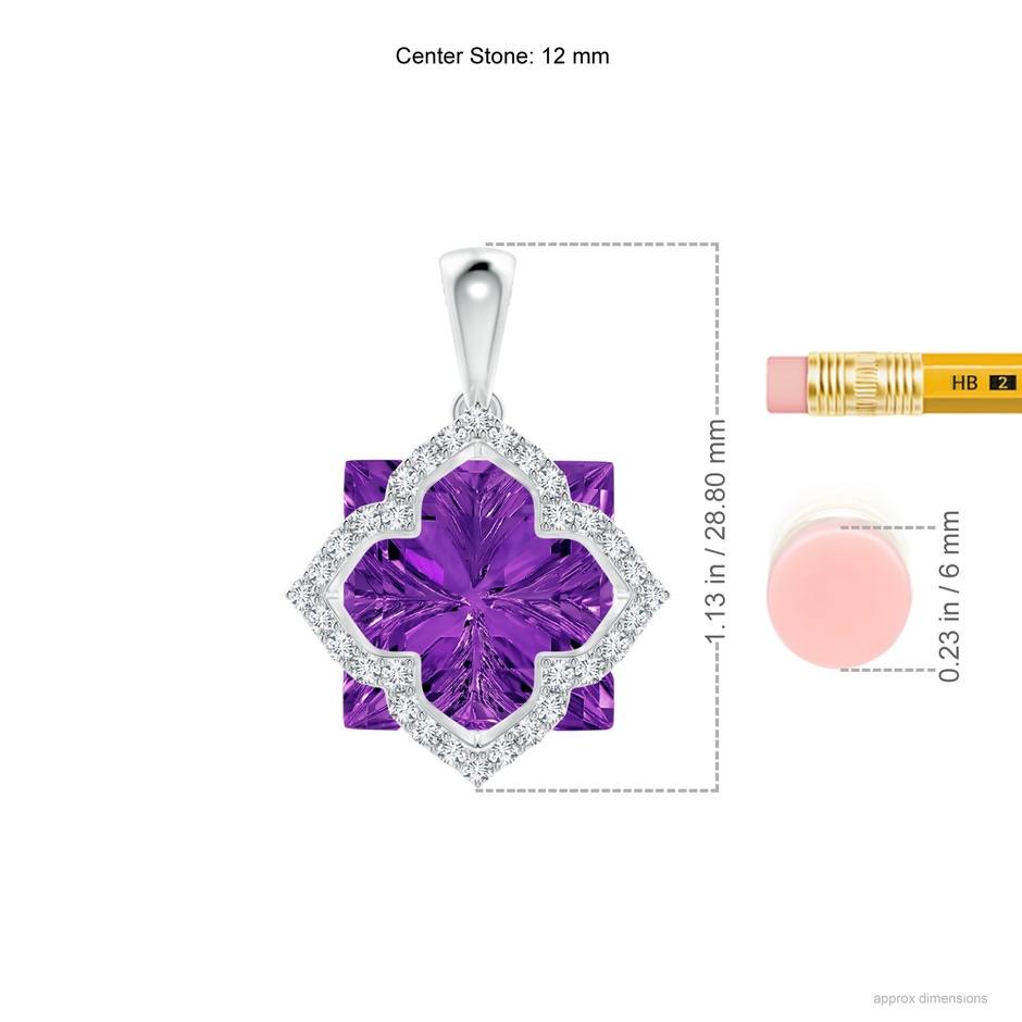 12mm AAAA Square Amethyst and Diamond Clover Backset Pendant in White Gold ruler