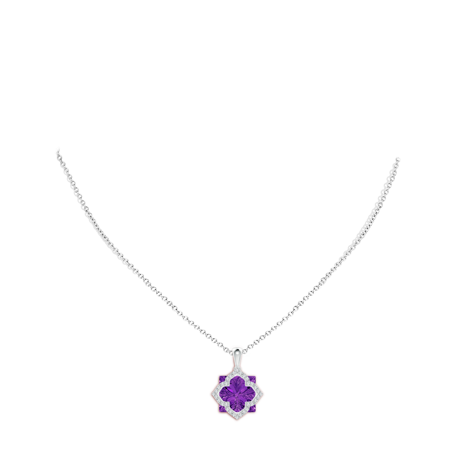 12mm AAAA Square Amethyst and Diamond Clover Backset Pendant in White Gold body-neck