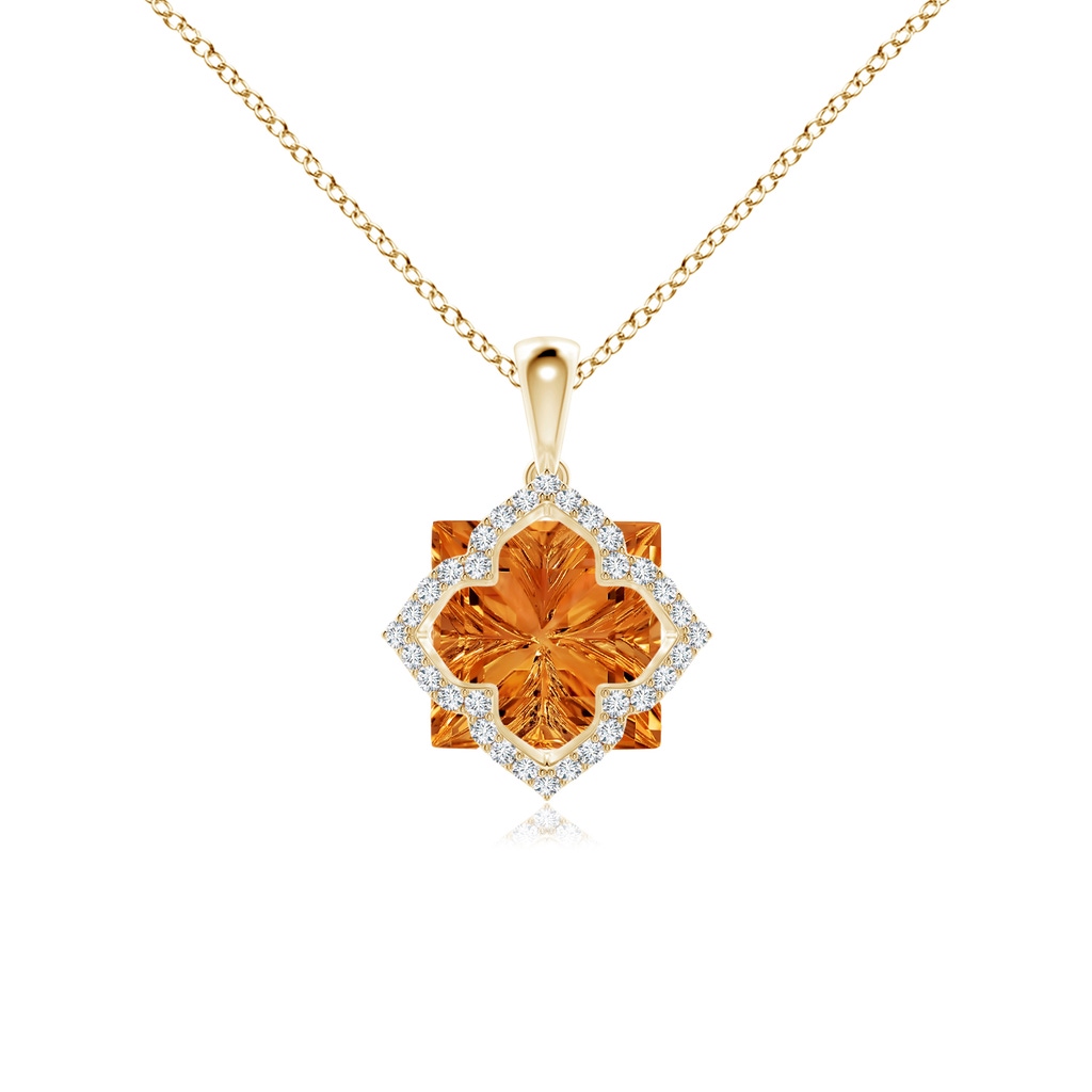 10mm AAAA Square Citrine and Diamond Clover Backset Pendant in Yellow Gold