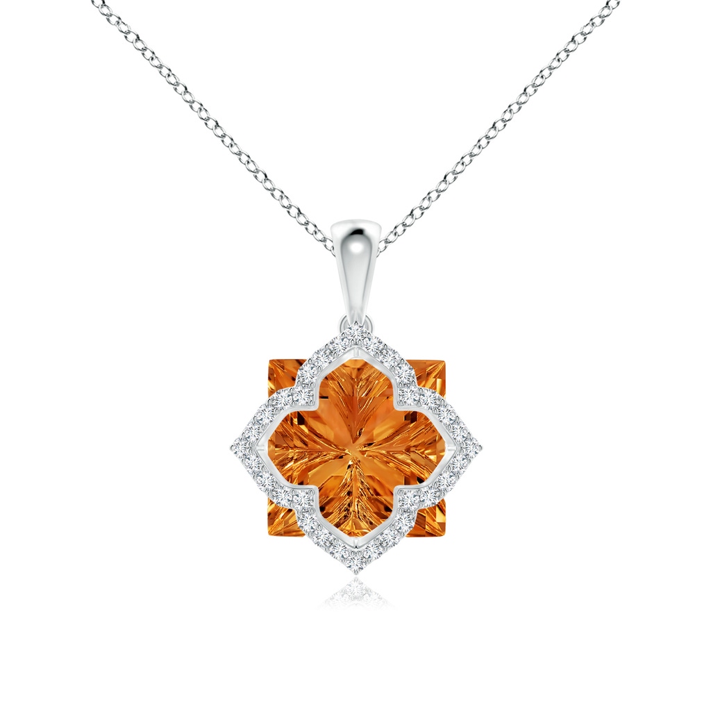 12mm AAAA Square Citrine and Diamond Clover Backset Pendant in White Gold 