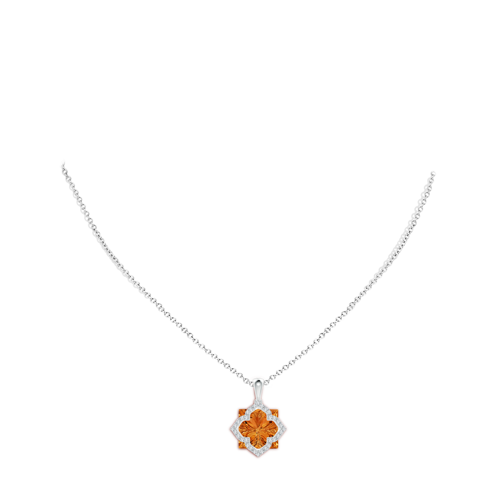 12mm AAAA Square Citrine and Diamond Clover Backset Pendant in White Gold Body-Neck