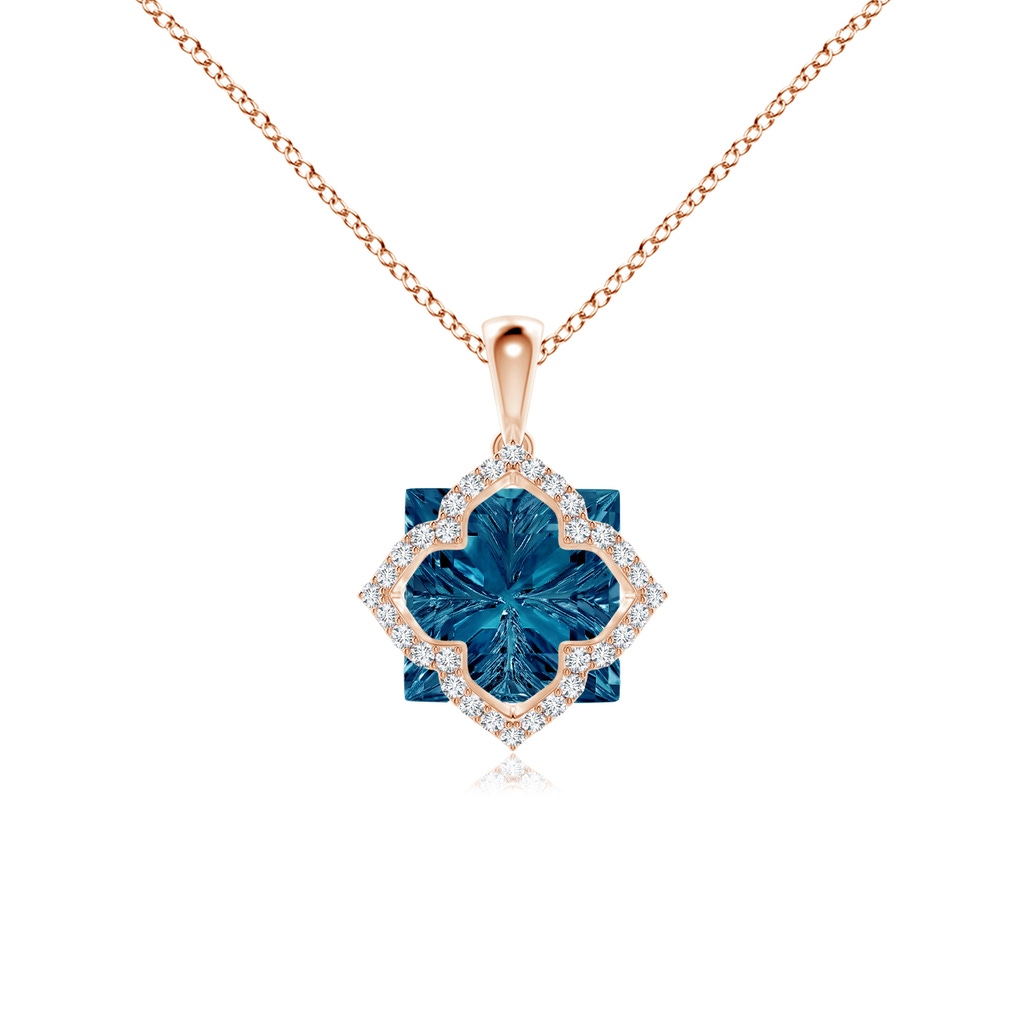 10mm AAAA Square London Blue Topaz and Diamond Clover Backset Pendant in Rose Gold