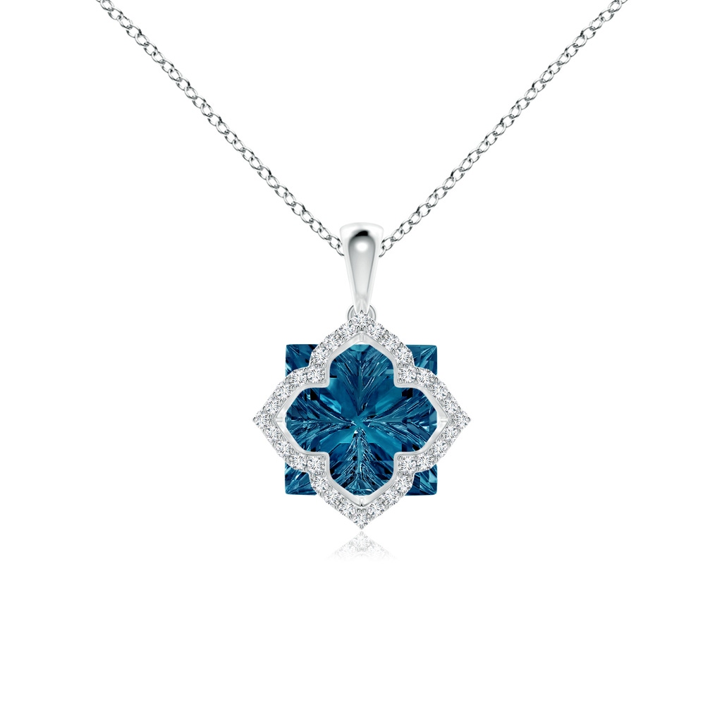 10mm AAAA Square London Blue Topaz and Diamond Clover Backset Pendant in White Gold