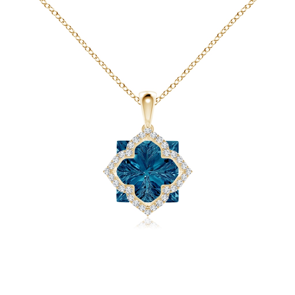 10mm AAAA Square London Blue Topaz and Diamond Clover Backset Pendant in Yellow Gold