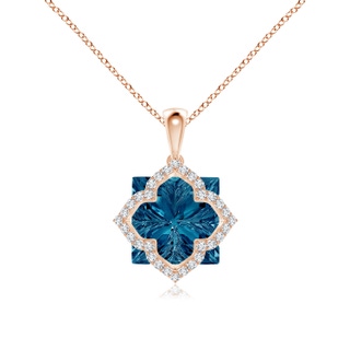 12mm AAAA Square London Blue Topaz and Diamond Clover Backset Pendant in Rose Gold