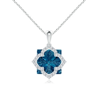 12mm AAAA Square London Blue Topaz and Diamond Clover Backset Pendant in White Gold