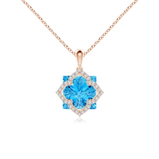 10mm AAAA Square Swiss Blue Topaz and Diamond Clover Backset Pendant in 10K Rose Gold