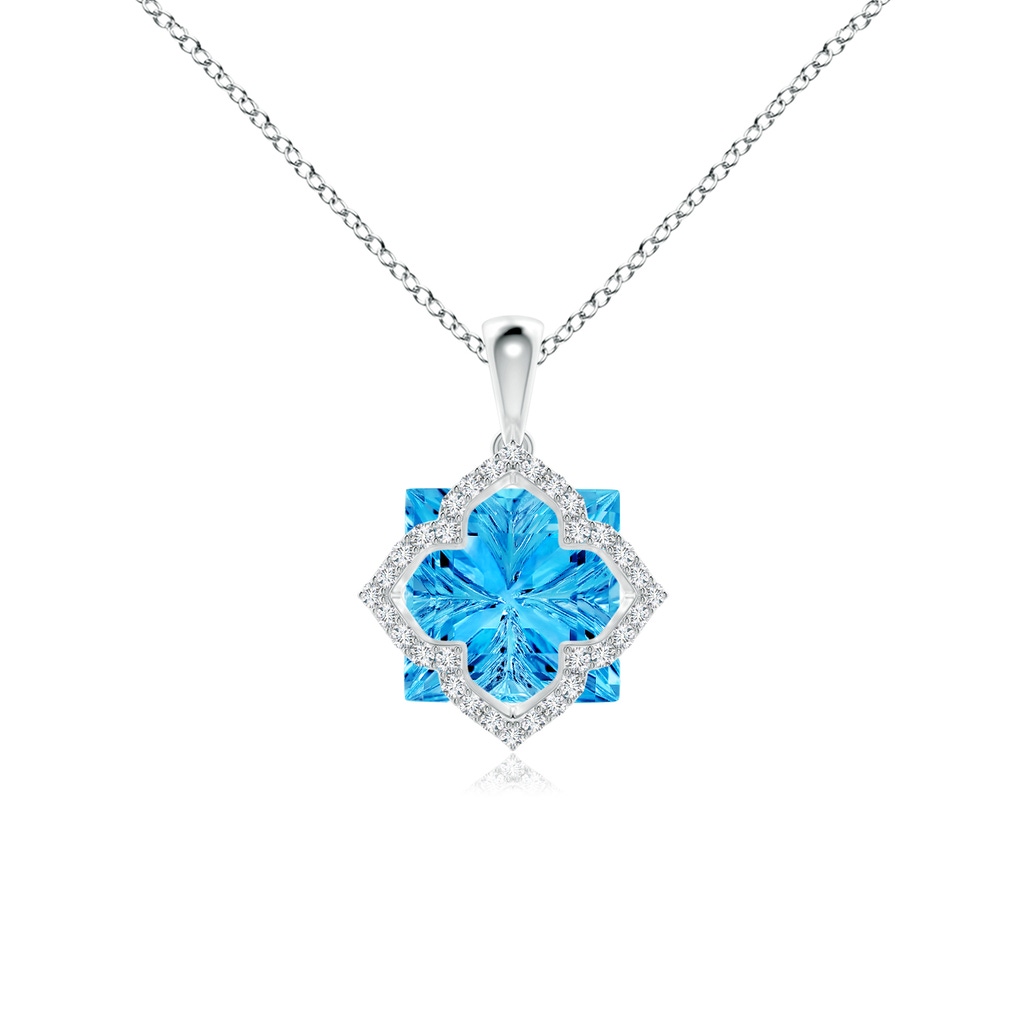 10mm AAAA Square Swiss Blue Topaz and Diamond Clover Backset Pendant in White Gold