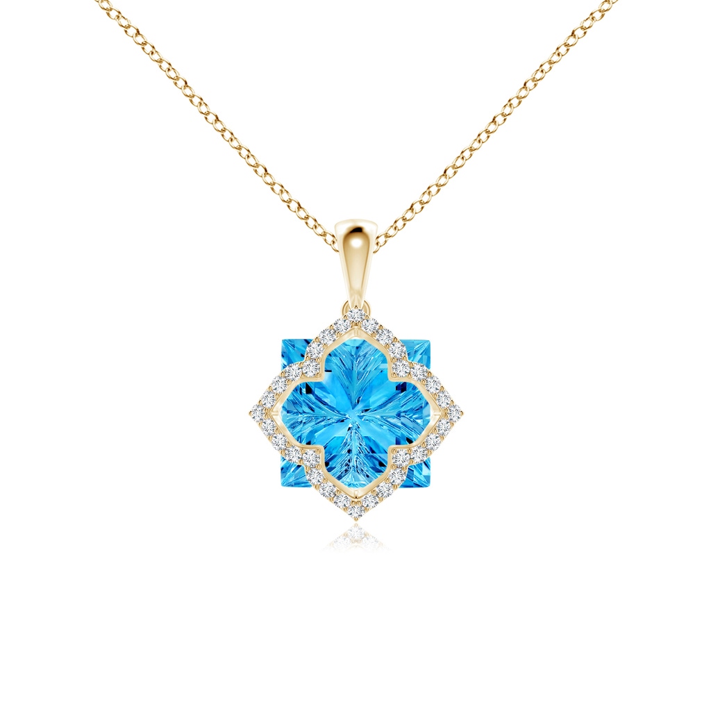 10mm AAAA Square Swiss Blue Topaz and Diamond Clover Backset Pendant in Yellow Gold