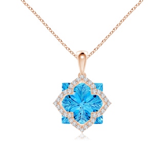 12mm AAAA Square Swiss Blue Topaz and Diamond Clover Backset Pendant in Rose Gold