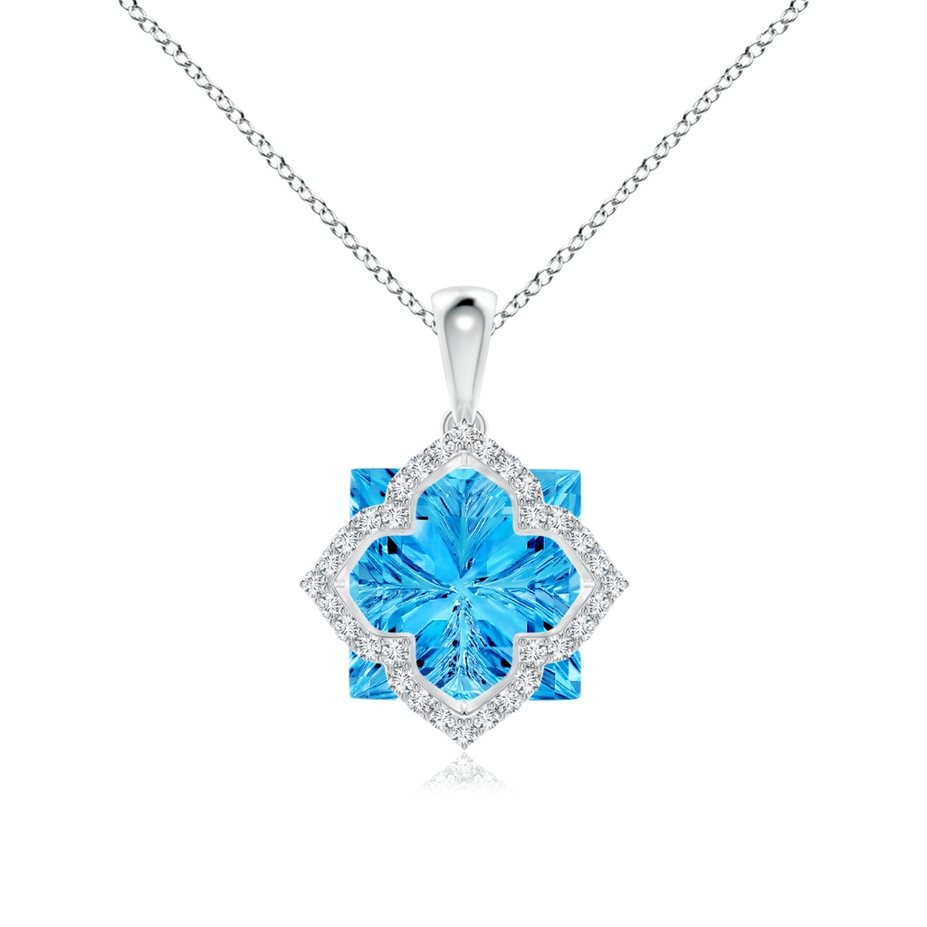 12mm AAAA Square Swiss Blue Topaz and Diamond Clover Backset Pendant in White Gold 