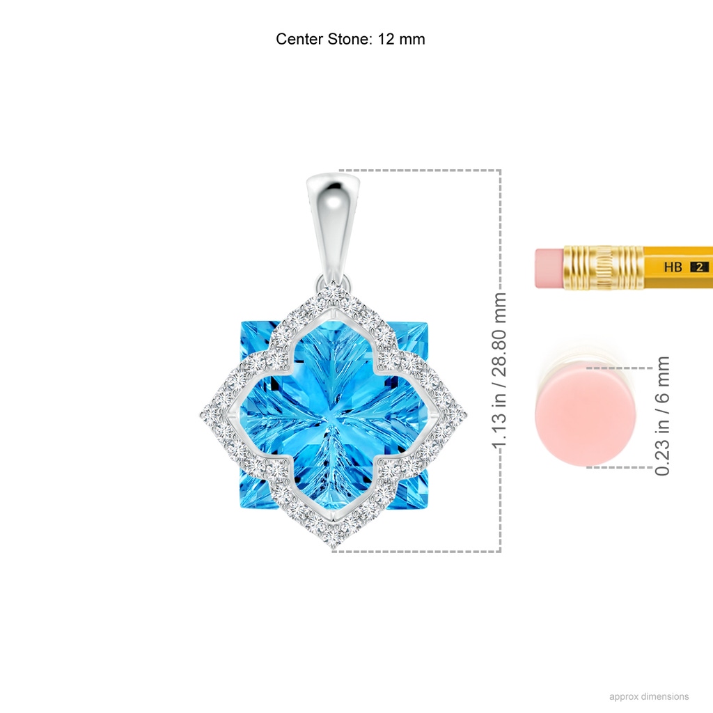 12mm AAAA Square Swiss Blue Topaz and Diamond Clover Backset Pendant in White Gold Ruler