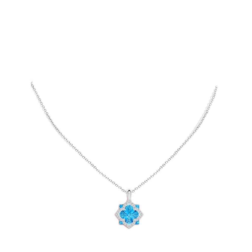 12mm AAAA Square Swiss Blue Topaz and Diamond Clover Backset Pendant in White Gold Body-Neck