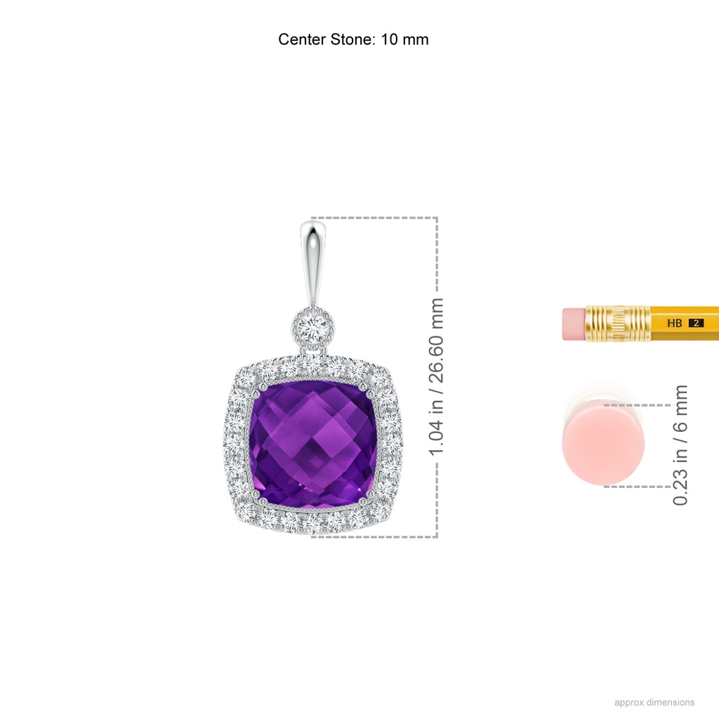 10mm AAAA Double Prong-Set Cushion Amethyst Halo Pendant in White Gold Ruler