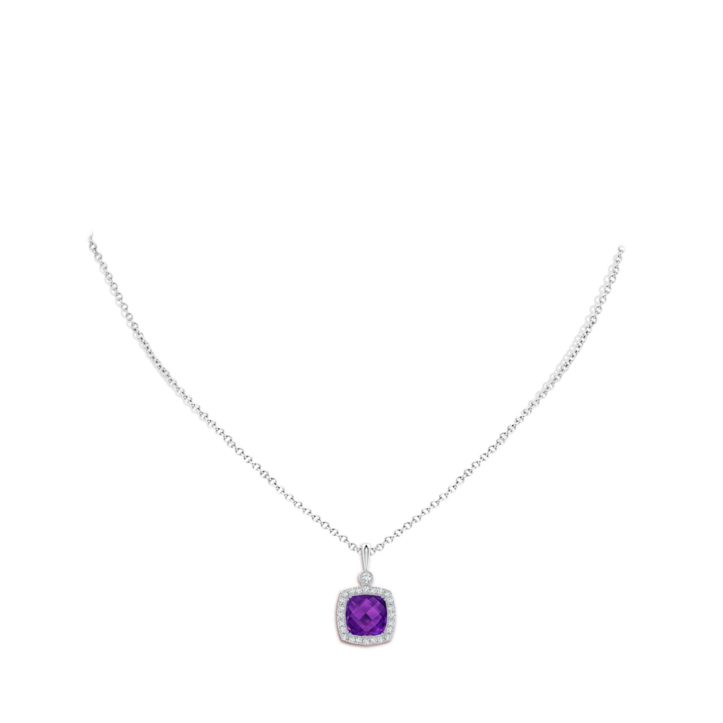 10mm AAAA Double Prong-Set Cushion Amethyst Halo Pendant in White Gold Body-Neck