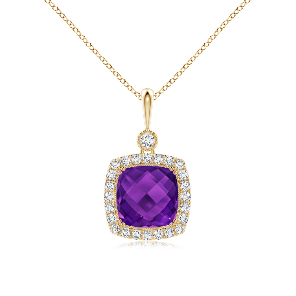 10mm AAAA Double Prong-Set Cushion Amethyst Halo Pendant in Yellow Gold