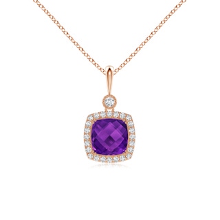 8mm AAAA Double Prong-Set Cushion Amethyst Halo Pendant in 10K Rose Gold