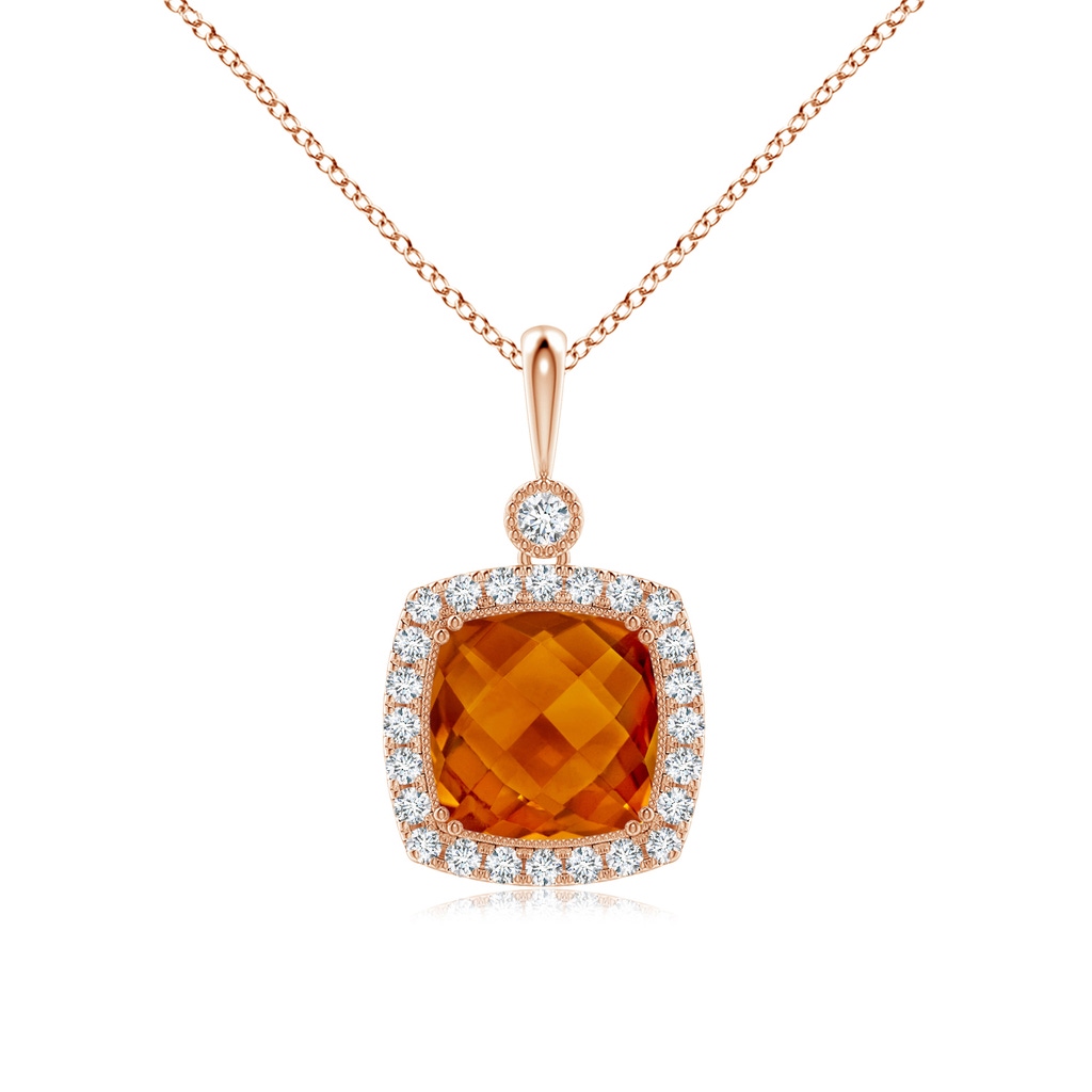 10mm AAAA Double Prong-Set Cushion Citrine Halo Pendant in Rose Gold
